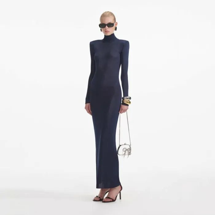 Self Portrait Knitwear Navy Viscose Knit Maxi Dress 8211 Women