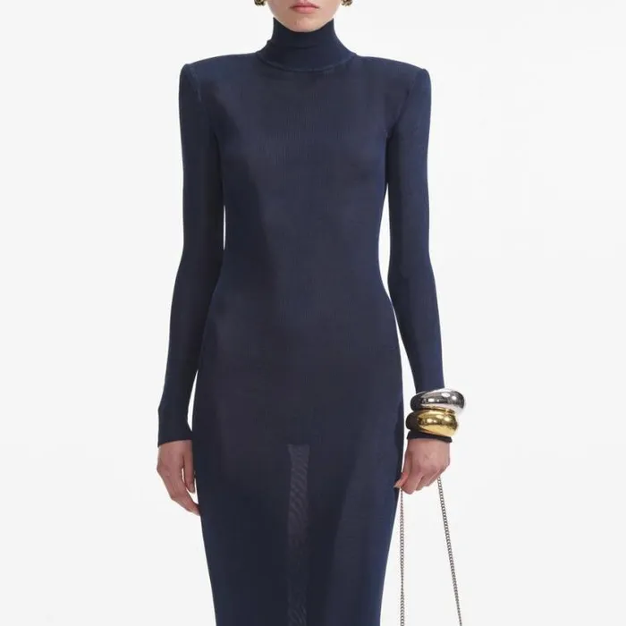 Self Portrait Knitwear Navy Viscose Knit Maxi Dress 8211 Women