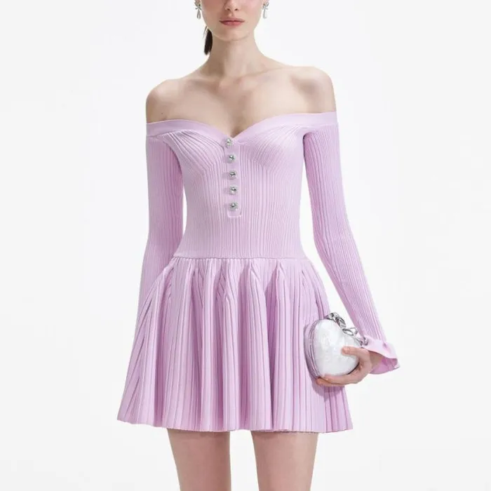 Self Portrait Knitwear Pink Ribbed Knit Mini Dress 8211 Women