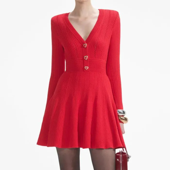 Self Portrait Knitwear Red Pointelle Knit Mini Dress 8211 Women