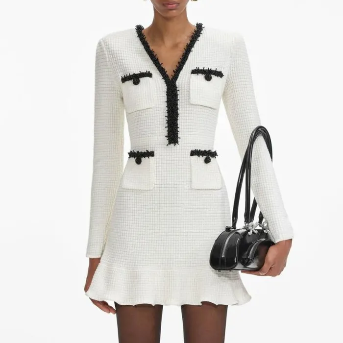 Self Portrait Knitwear White Pearl Trim Knit Mini Dress 8211 Women