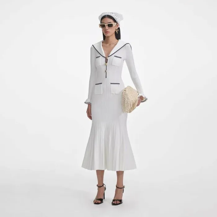 Self Portrait Knitwear White Viscose Rib Knit Midi Dress 8211 Women