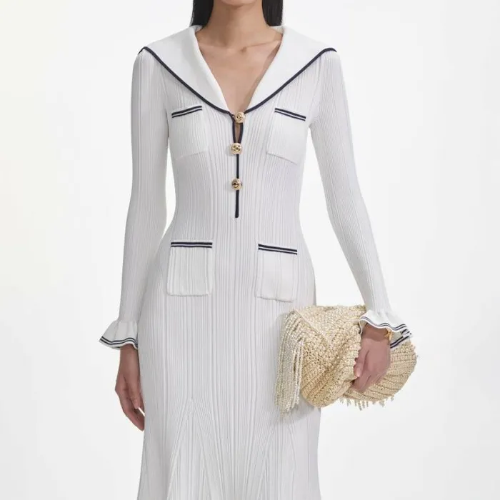 Self Portrait Knitwear White Viscose Rib Knit Midi Dress 8211 Women