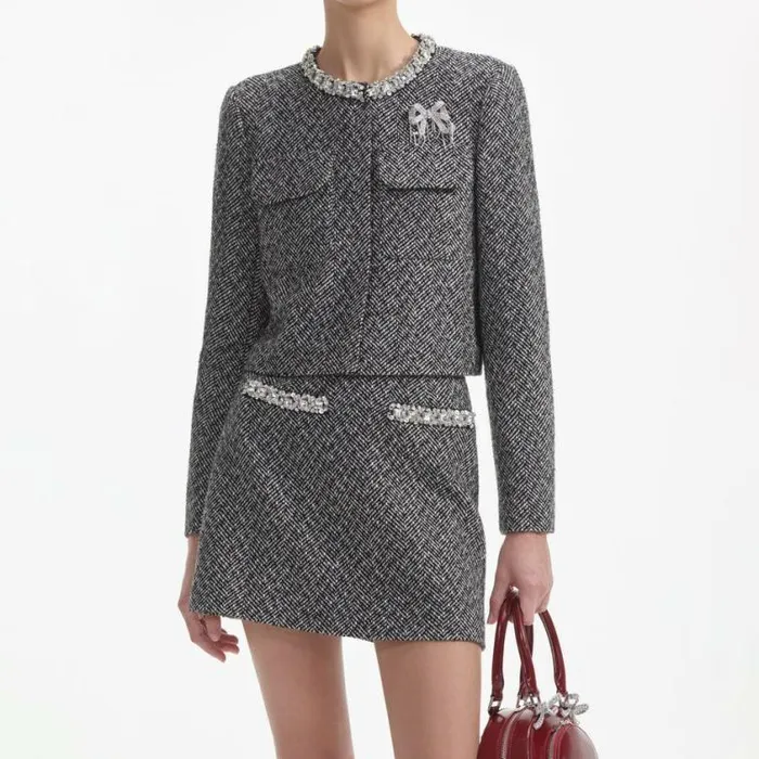 Self Portrait Outerwear Black Herringbone Embellished Jacket 8211 Women