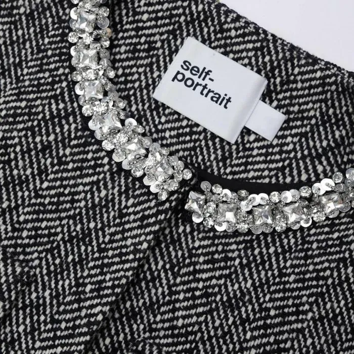 Self Portrait Outerwear Black Herringbone Embellished Jacket 8211 Women