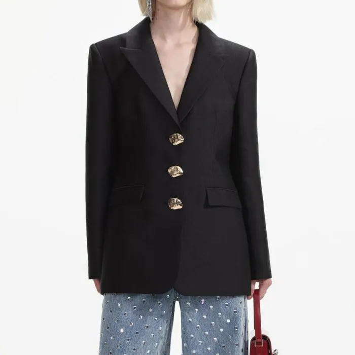 Self Portrait Outerwear Black Taffeta Blazer 8211 Women