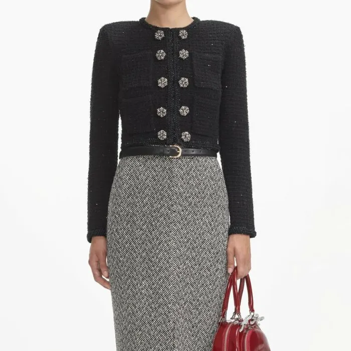 Self Portrait Outerwear Black Textured Knit Jacket 8211 Women