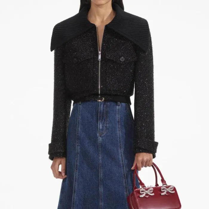 Self Portrait Outerwear Black Tinsel Boucle Bomber Jacket 8211 Women