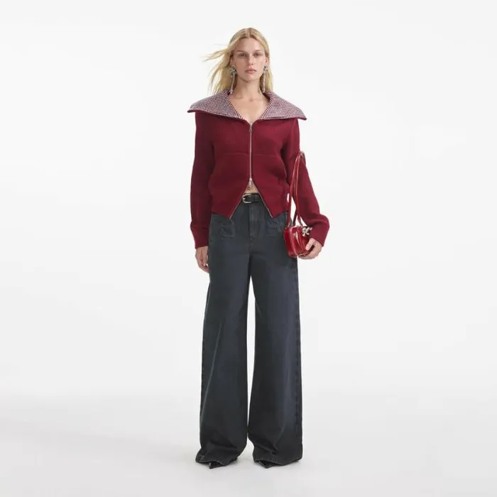 Self Portrait Outerwear Burgundy Diamante Collar Knit Jacket 8211 Women