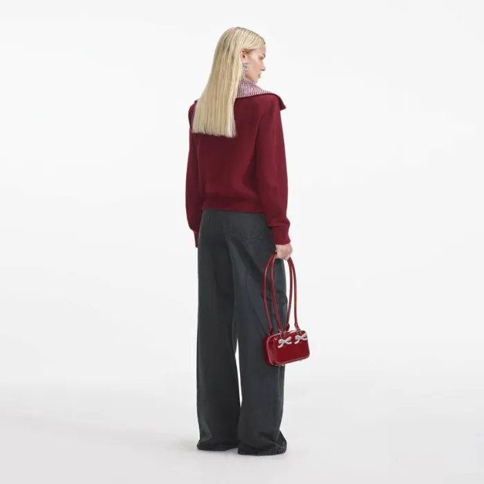Self Portrait Outerwear Burgundy Diamante Collar Knit Jacket 8211 Women