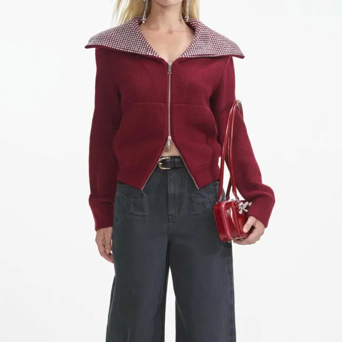 Self Portrait Outerwear Burgundy Diamante Collar Knit Jacket 8211 Women