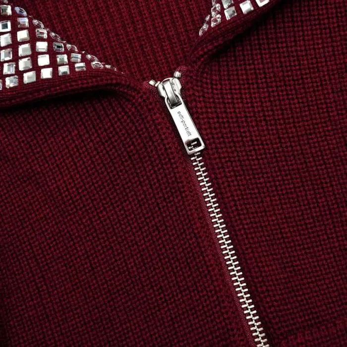 Self Portrait Outerwear Burgundy Diamante Collar Knit Jacket 8211 Women