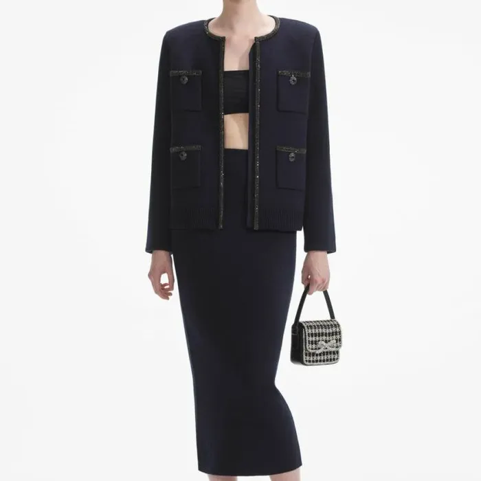 Self Portrait Outerwear Navy Embellished Knit Cardigan 8211 Women
