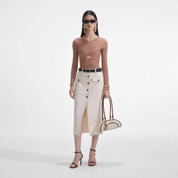 Self Portrait Tops Beige Ribbed Knit Wrap Top 8211 Women