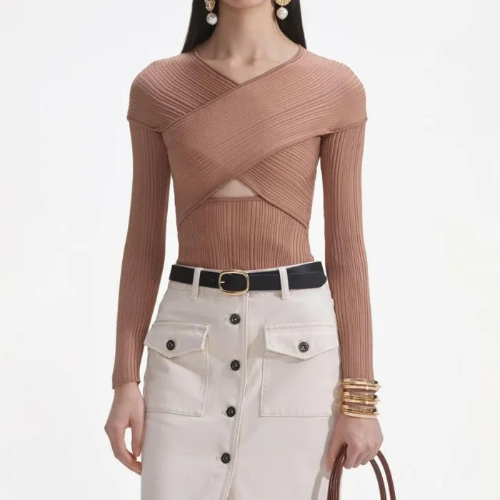 Self Portrait Tops Beige Ribbed Knit Wrap Top 8211 Women