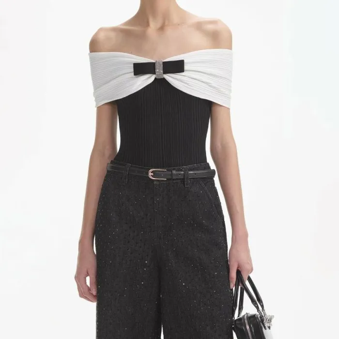 Self Portrait Tops Black Knit Bow Top 8211 Women