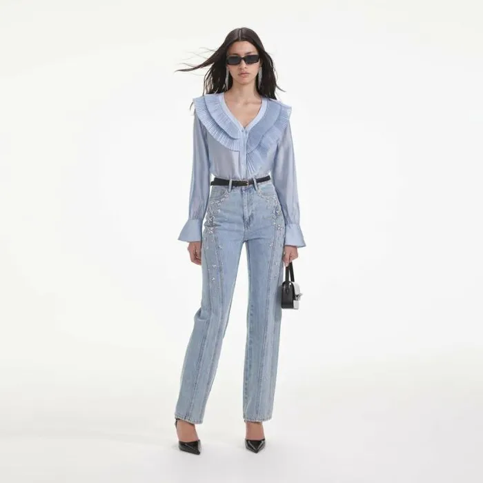 Self Portrait Tops Blue Satin Organza Blouse 8211 Women