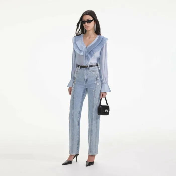Self Portrait Tops Blue Satin Organza Blouse 8211 Women