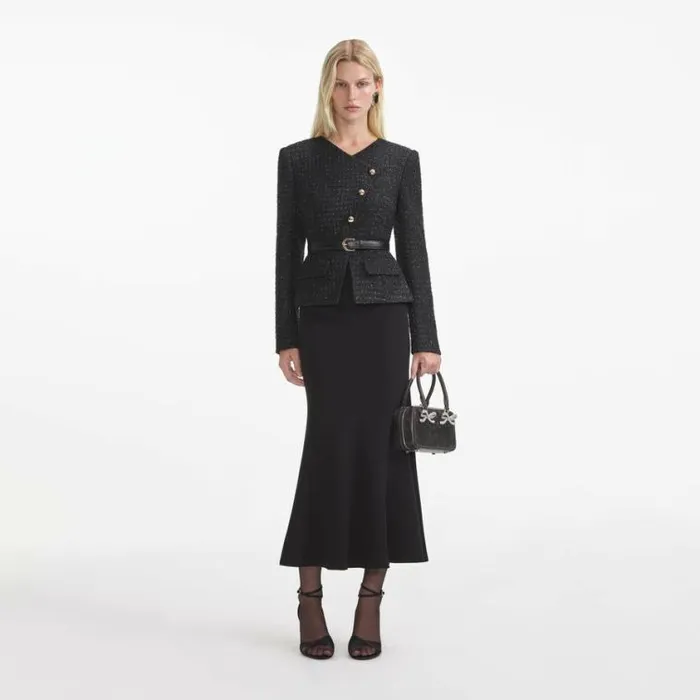 Self Portrait Wedding Guest Black Boucle Asymmetric Midi Dress 8211 Women