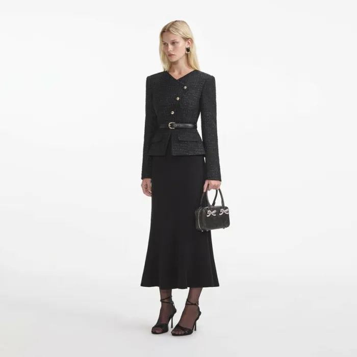 Self Portrait Wedding Guest Black Boucle Asymmetric Midi Dress 8211 Women