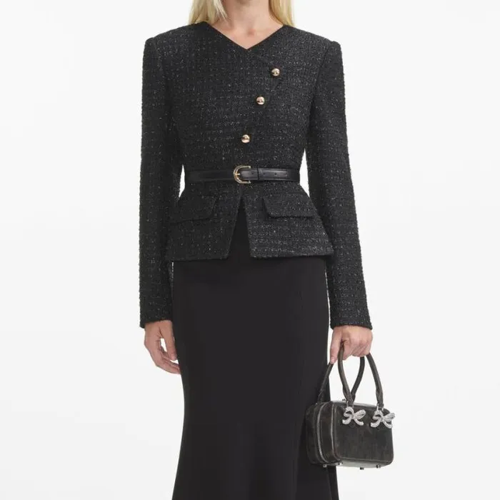 Self Portrait Wedding Guest Black Boucle Asymmetric Midi Dress 8211 Women