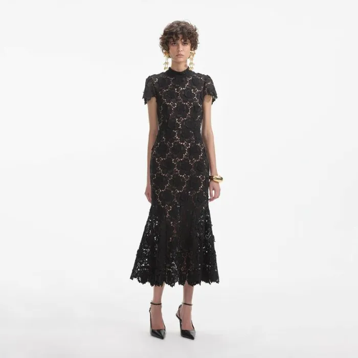 Self Portrait Wedding Guest Black Flower Lace Midi Dress 8211 Women