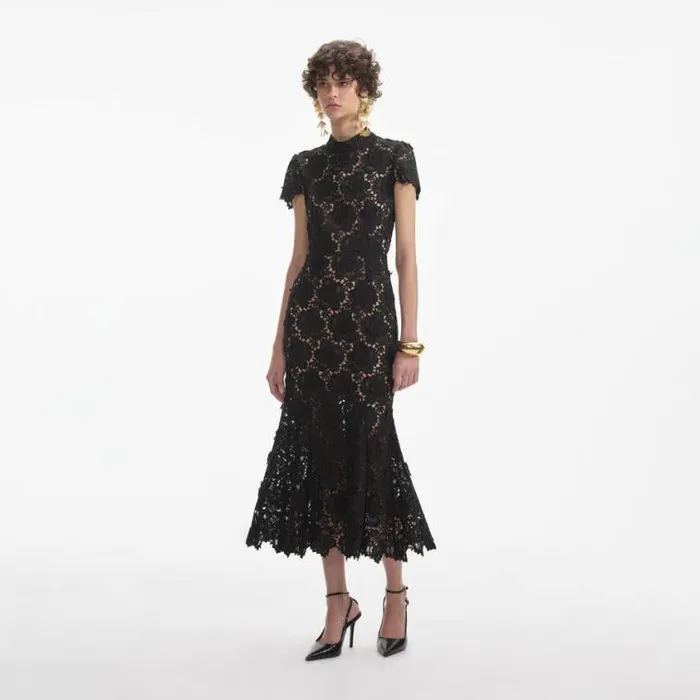 Self Portrait Wedding Guest Black Flower Lace Midi Dress 8211 Women