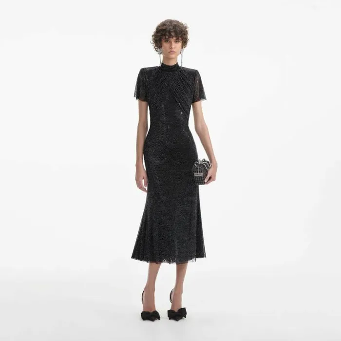 Self Portrait Wedding Guest Black Rhinestone Mesh Midi Dress 8211 Women