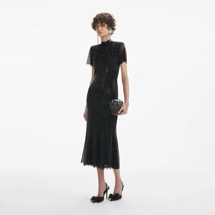 Self Portrait Wedding Guest Black Rhinestone Mesh Midi Dress 8211 Women