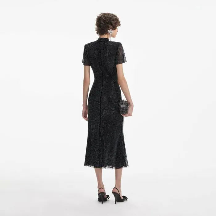 Self Portrait Wedding Guest Black Rhinestone Mesh Midi Dress 8211 Women