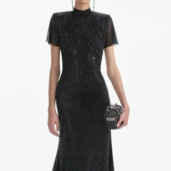Self Portrait Wedding Guest Black Rhinestone Mesh Midi Dress 8211 Women