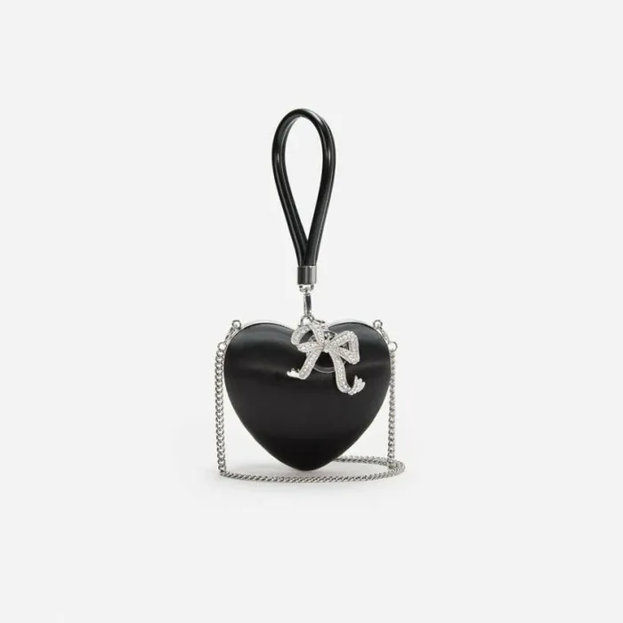 Self Portrait Wedding Guest Black Satin Top Handle Heart Clutch 8211 Women