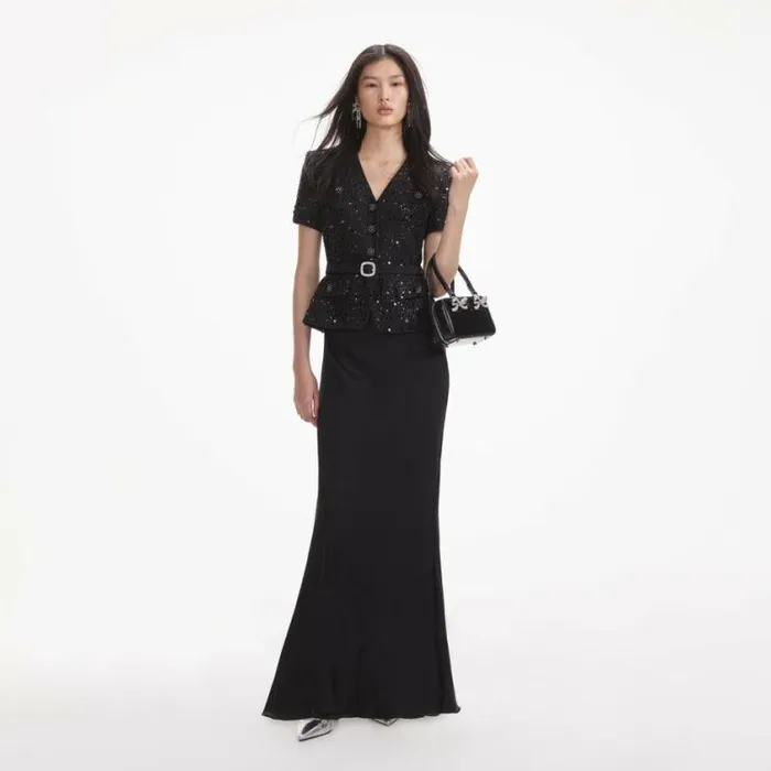 Self Portrait Wedding Guest Black Sequin Boucle Maxi Dress 8211 Women