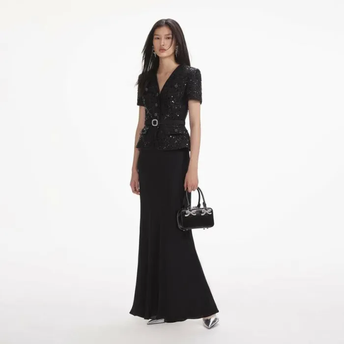 Self Portrait Wedding Guest Black Sequin Boucle Maxi Dress 8211 Women