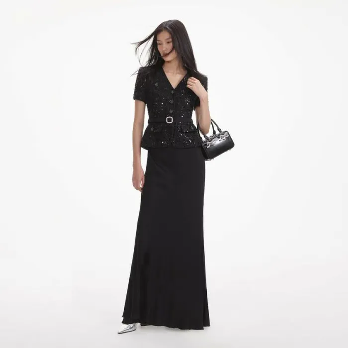 Self Portrait Wedding Guest Black Sequin Boucle Maxi Dress 8211 Women