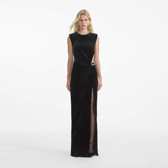 Self Portrait Wedding Guest Black Velvet Embellished Maxi Dress 8211 Women