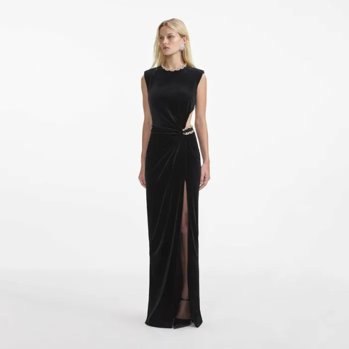 Self Portrait Wedding Guest Black Velvet Embellished Maxi Dress 8211 Women
