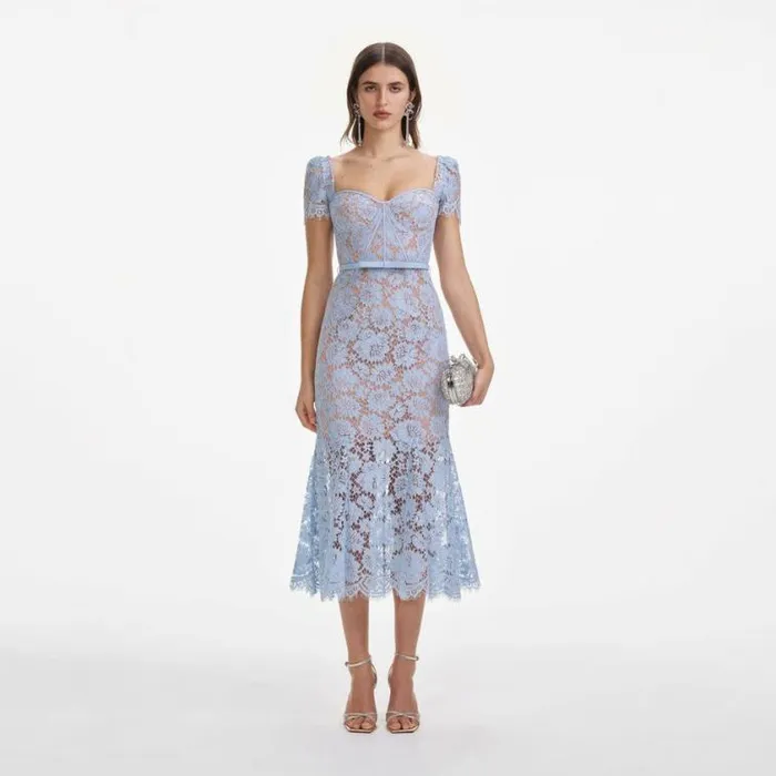 Self Portrait Wedding Guest Blue Fine Lace Midi Dress 8211 Women