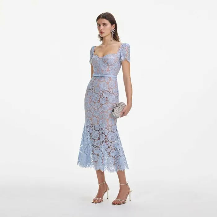 Self Portrait Wedding Guest Blue Fine Lace Midi Dress 8211 Women