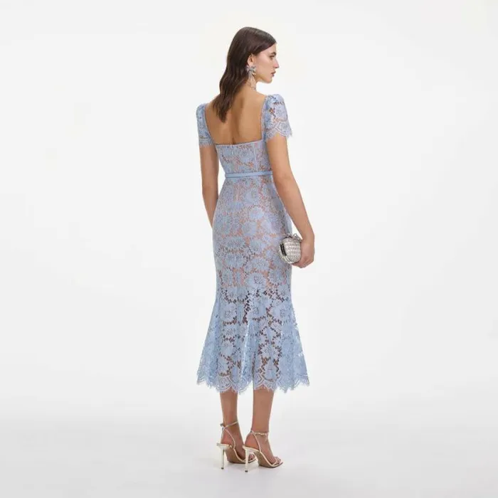 Self Portrait Wedding Guest Blue Fine Lace Midi Dress 8211 Women