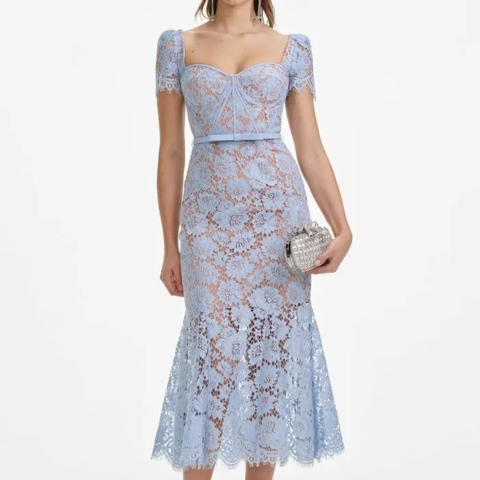 Self Portrait Wedding Guest Blue Fine Lace Midi Dress 8211 Women
