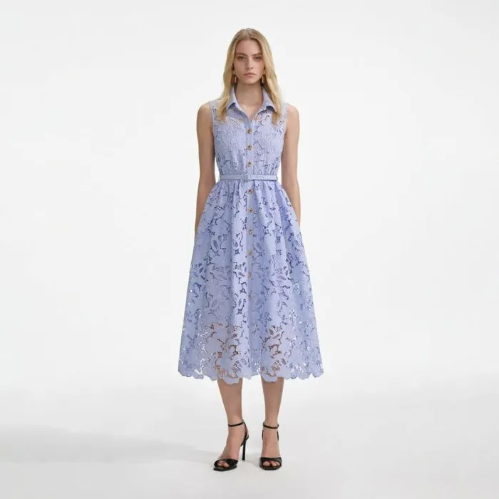 Self Portrait Wedding Guest Blue Lace Sleeveless Midi Dress 8211 Women