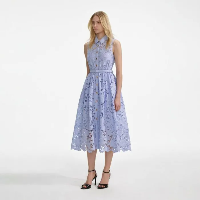 Self Portrait Wedding Guest Blue Lace Sleeveless Midi Dress 8211 Women