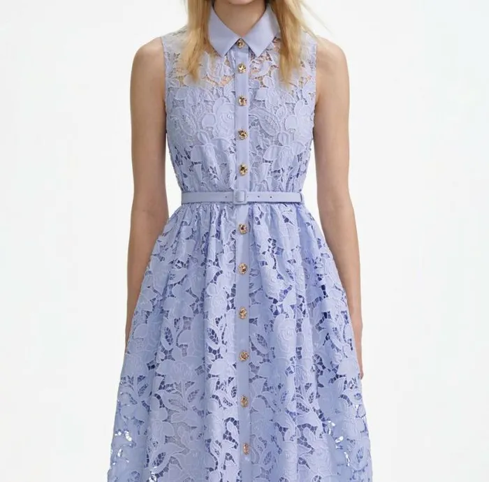 Self Portrait Wedding Guest Blue Lace Sleeveless Midi Dress 8211 Women