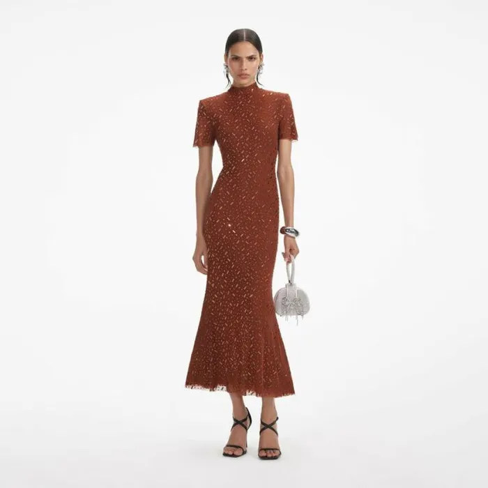 Self Portrait Wedding Guest Brown Square Rhinestone Mesh Midi Dress 8211 Women