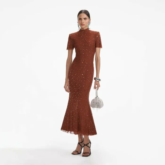 Self Portrait Wedding Guest Brown Square Rhinestone Mesh Midi Dress 8211 Women