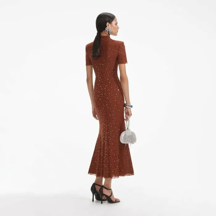 Self Portrait Wedding Guest Brown Square Rhinestone Mesh Midi Dress 8211 Women