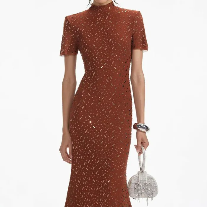 Self Portrait Wedding Guest Brown Square Rhinestone Mesh Midi Dress 8211 Women
