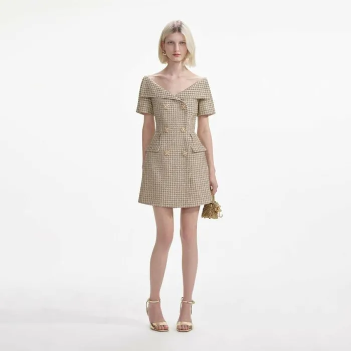 Self Portrait Wedding Guest Gold Boucle Open Neck Mini Dress 8211 Women