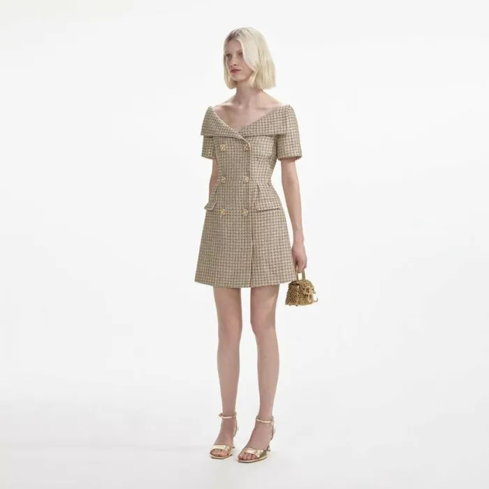 Self Portrait Wedding Guest Gold Boucle Open Neck Mini Dress 8211 Women